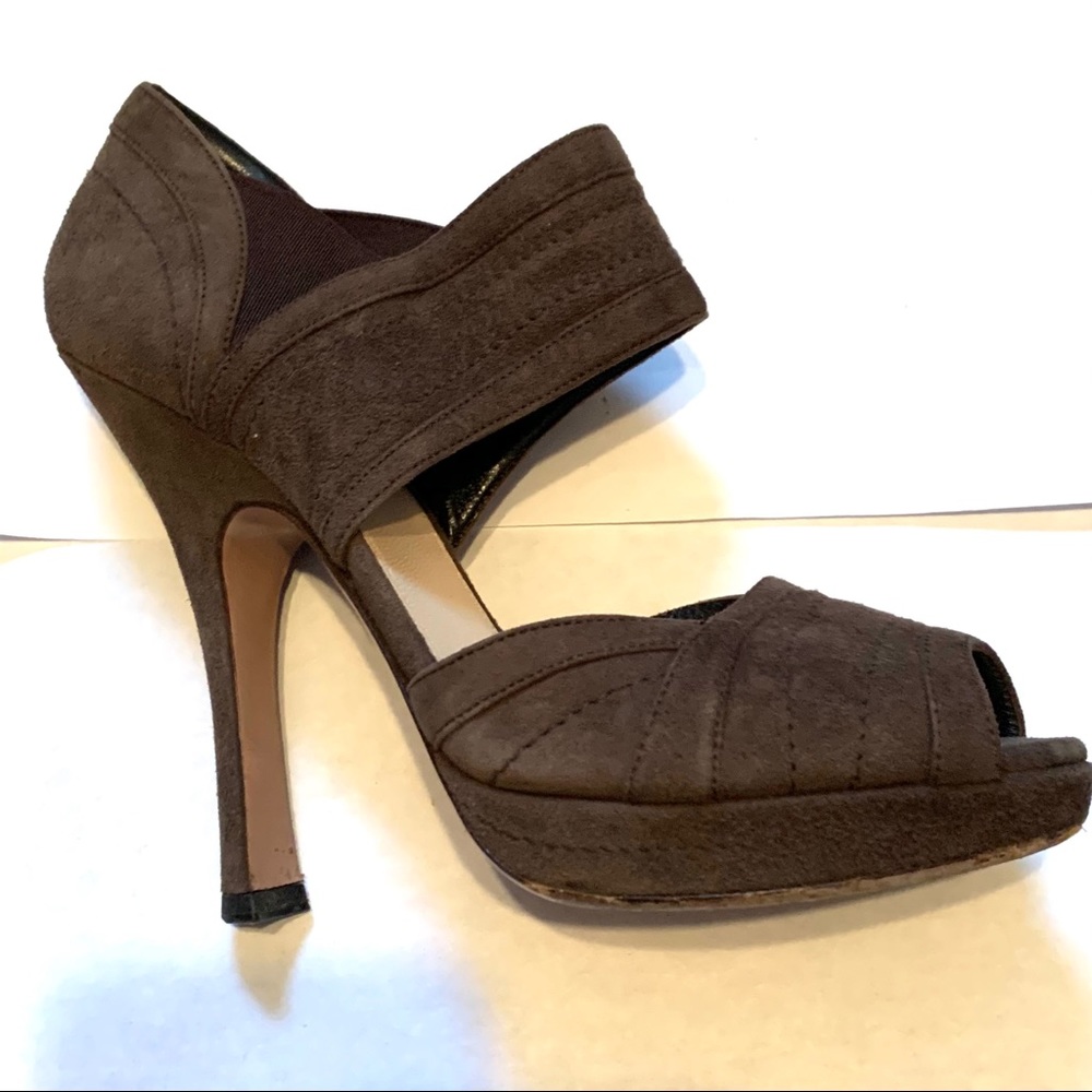 Prada Suede Grey Brown High Peep Heel 37 7 - Picture 13 of 14
